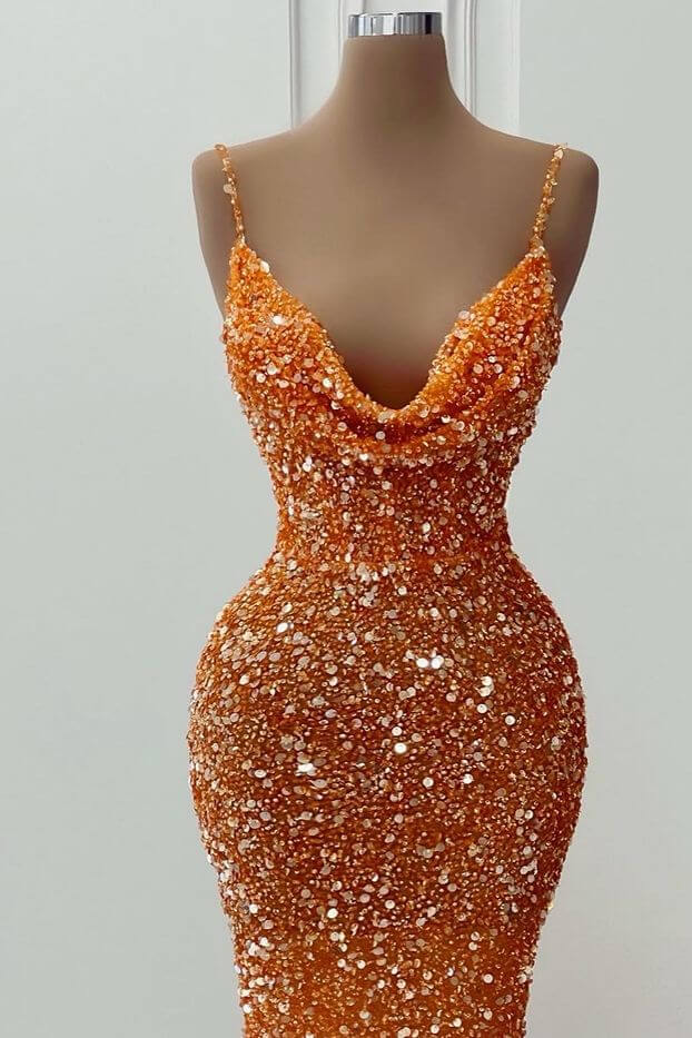 Showprettydess Orange V-Neck Spaghetti-Straps Mermaid Long Prom Dress with Sequins-showprettydress