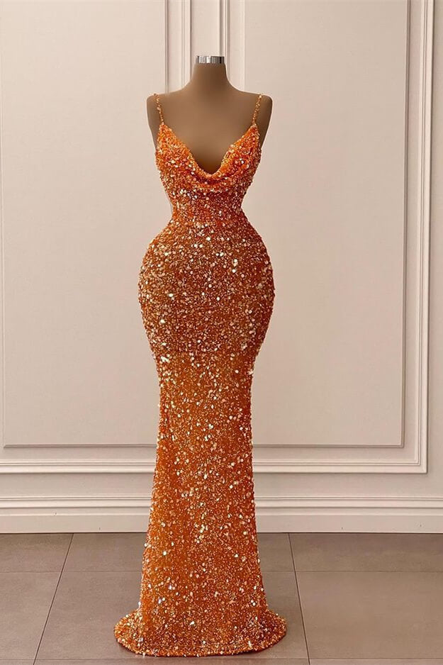 Showprettydess Orange V-Neck Spaghetti-Straps Mermaid Long Prom Dress with Sequins-showprettydress