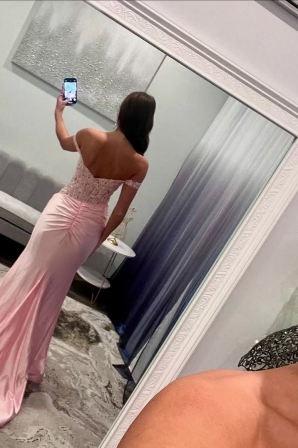 Showprettydess Pink Off-the-Shoulder Long Mermaid Prom Dress with Slit-showprettydress