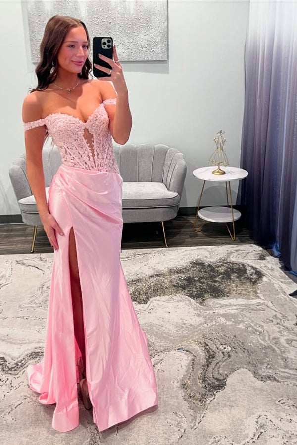Showprettydess Pink Off-the-Shoulder Long Mermaid Prom Dress with Slit-showprettydress