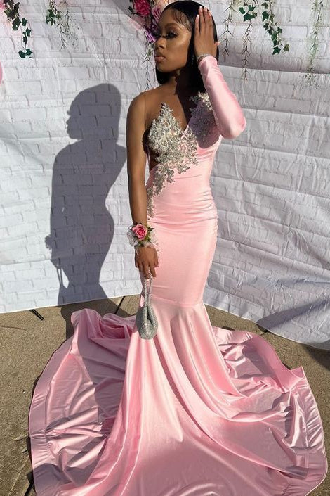 Pink Long Sleeves Mermaid One Shoulder Satin Beads Prom Dress with App