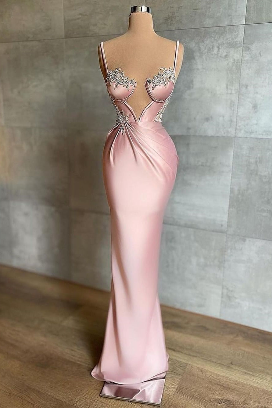 Showprettydess Pink Spaghetti-Strap Mermaid Prom Dress Sleeveless-showprettydress