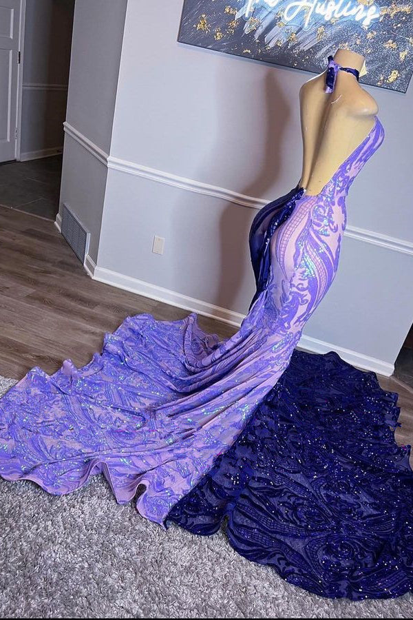 Showprettydess Purple Halter Beaded Sequined Mermaid Prom Dress with Appliqu¨¦s-showprettydress
