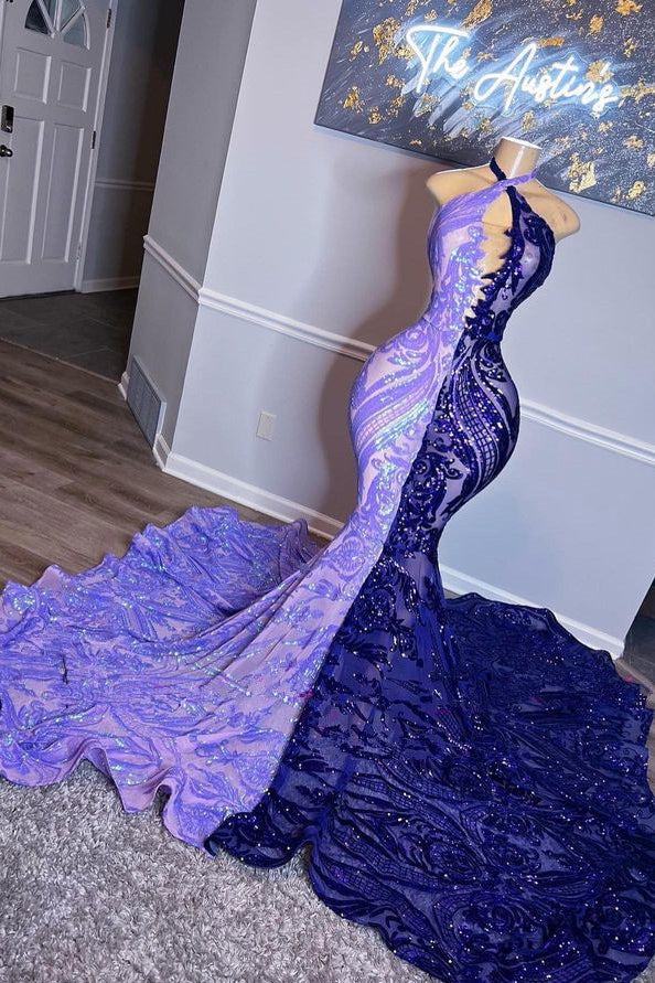 Showprettydess Purple Halter Beaded Sequined Mermaid Prom Dress with Appliqu¨¦s-showprettydress