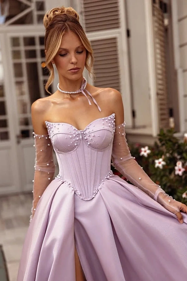Showprettydess Purple Sleeveless Strapless Sweetheart A-Line Beaded Prom Dress-showprettydress