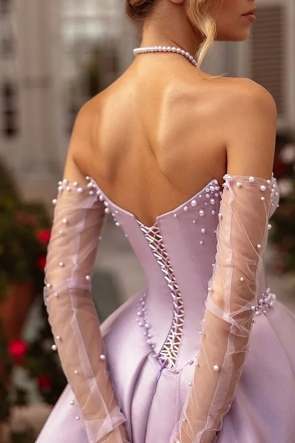 Showprettydess Purple Sleeveless Strapless Sweetheart A-Line Beaded Prom Dress-showprettydress