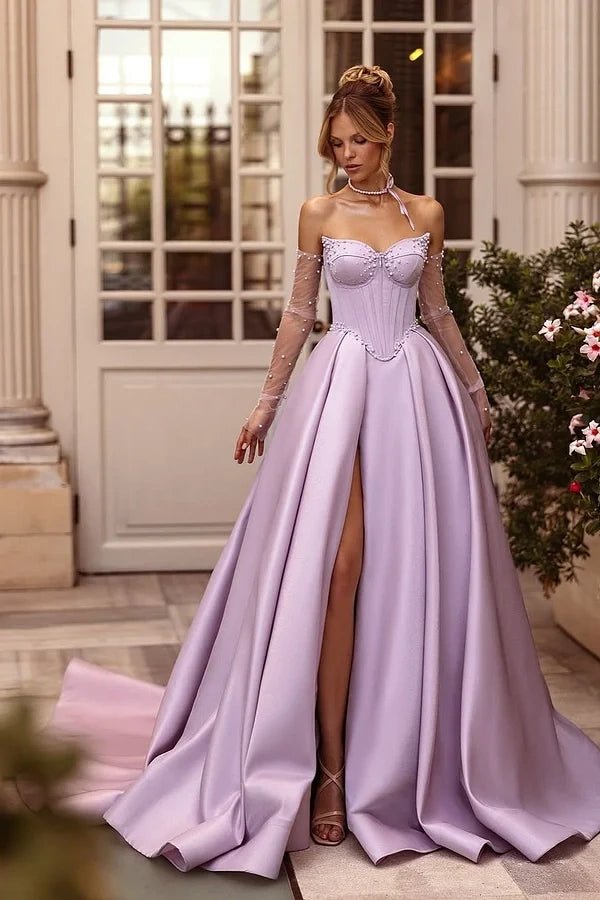 Showprettydess Purple Sleeveless Strapless Sweetheart A-Line Beaded Prom Dress-showprettydress