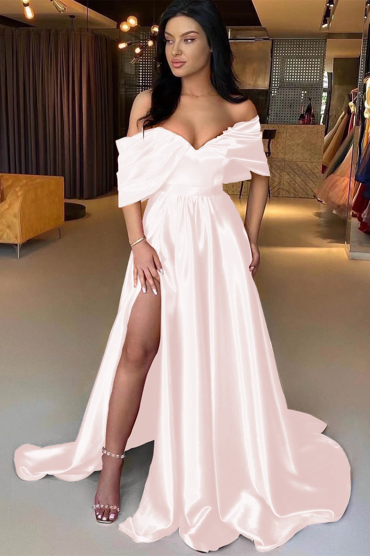 Showprettydess Red A-Line Off-the-Shoulder Prom Dress with Split-showprettydress