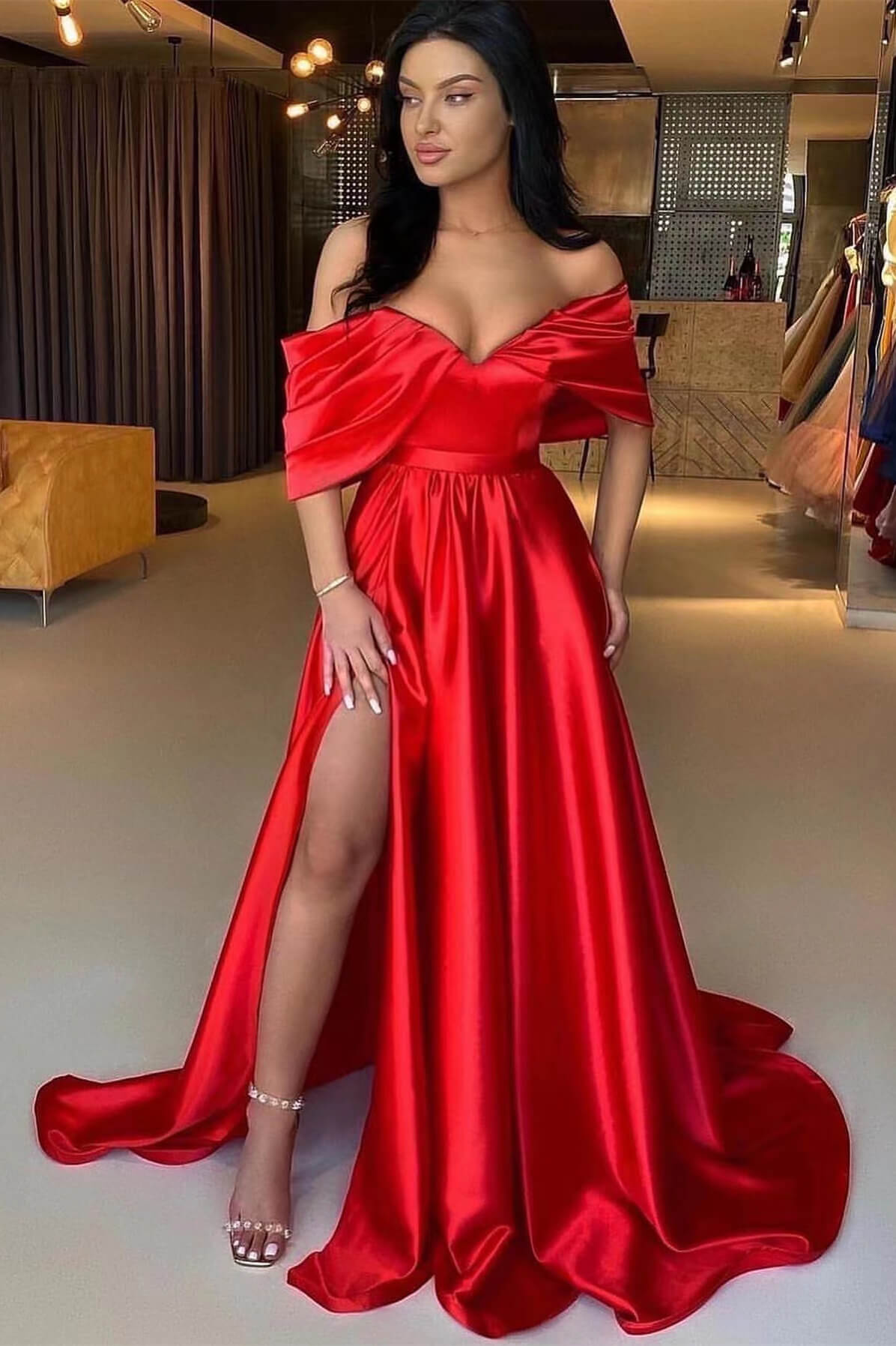Showprettydess Red A-Line Off-the-Shoulder Prom Dress with Split-showprettydress