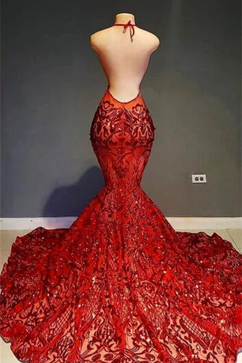 Showprettydess Red Halter Sequined Lace Prom Dress Mermaid-showprettydress