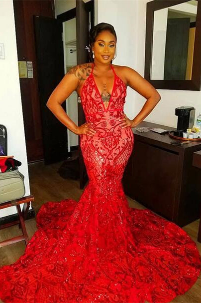 Showprettydess Red Halter Sequined Lace Prom Dress Mermaid-showprettydress