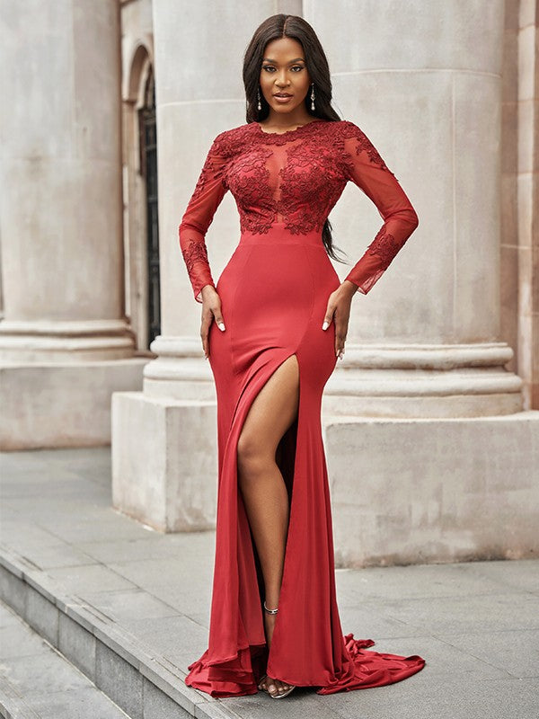Showprettydess Red Long Sleeves Mermaid Prom Dress with Slit-showprettydress