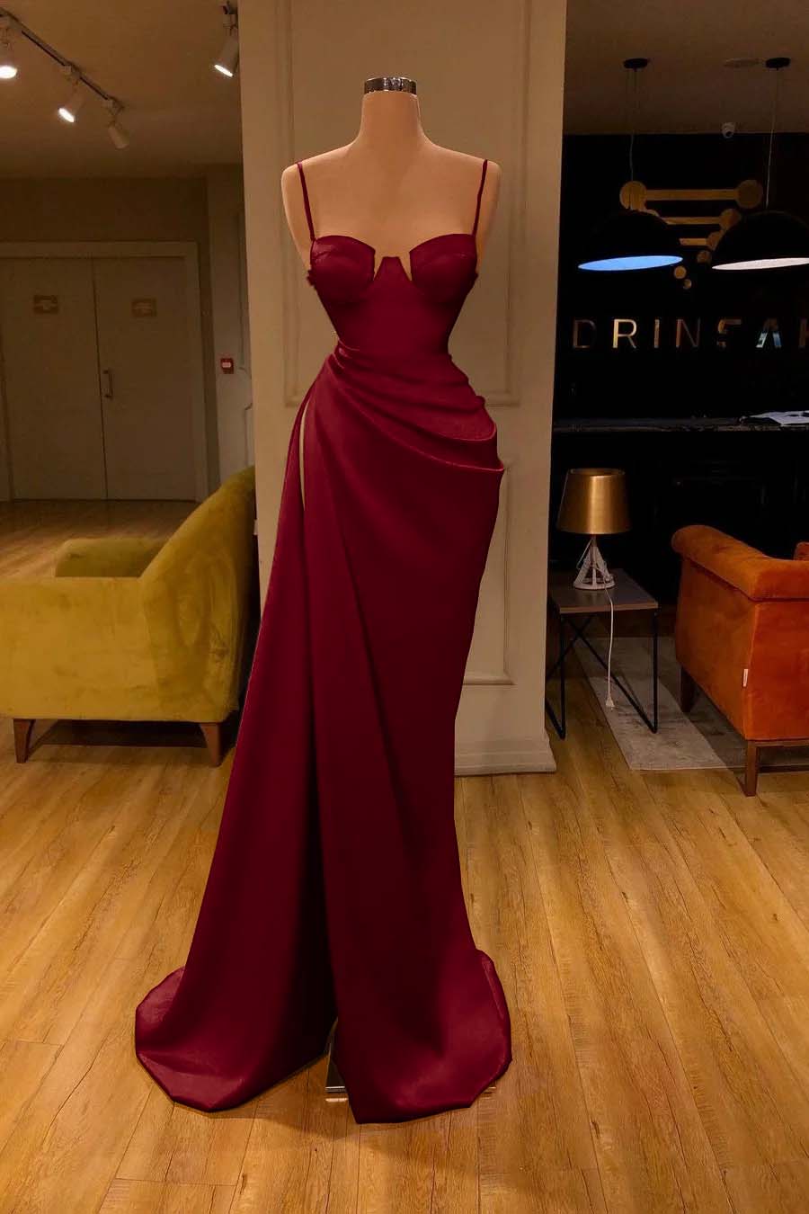 Showprettydess Red Mermaid Prom Dress with Spaghetti Straps & Split-showprettydress