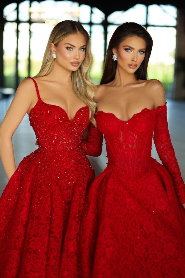 Showprettydess Red Strapless A-Line Prom Dress with Long Sleeves & Lace Appliques-showprettydress