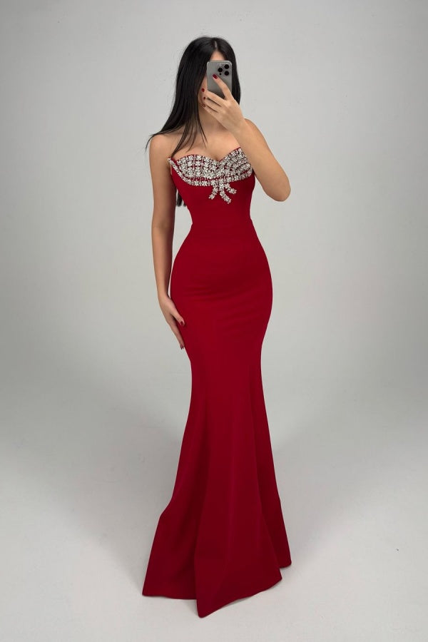 Showprettydess Red Strapless Mermaid Prom Dress Sleeveless with Sequins-showprettydress