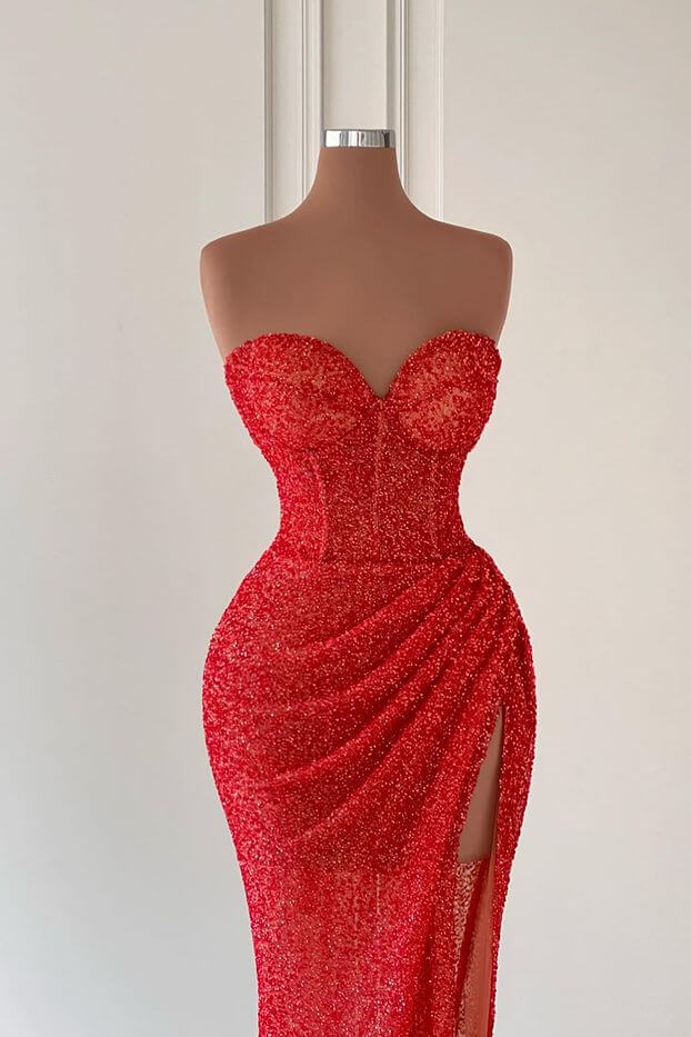 Showprettydess Red Sweetheart Sleeveless Long Mermaid Sequined Prom Dress with Split-showprettydress