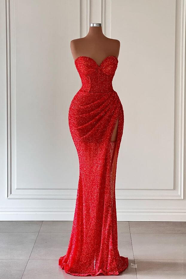 Showprettydess Red Sweetheart Sleeveless Long Mermaid Sequined Prom Dress with Split-showprettydress