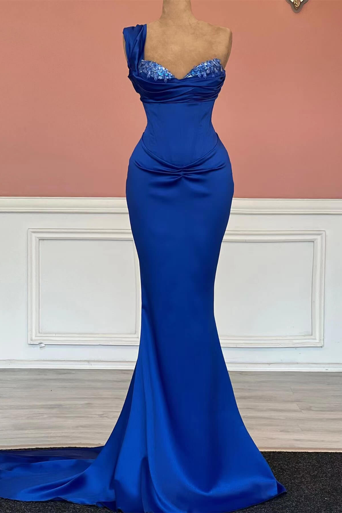 Showprettydess Royal Blue Long Mermaid Sweetheart One-Shoulder Prom Dress with Sequins-showprettydress
