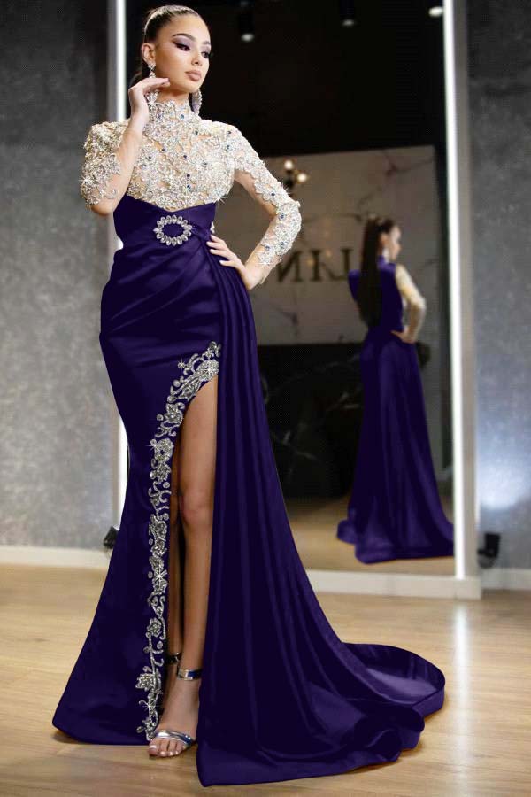 Showprettydess Royal Blue Long Sleeves Split Beaded Mermaid Prom Dress with Ruffles-showprettydress