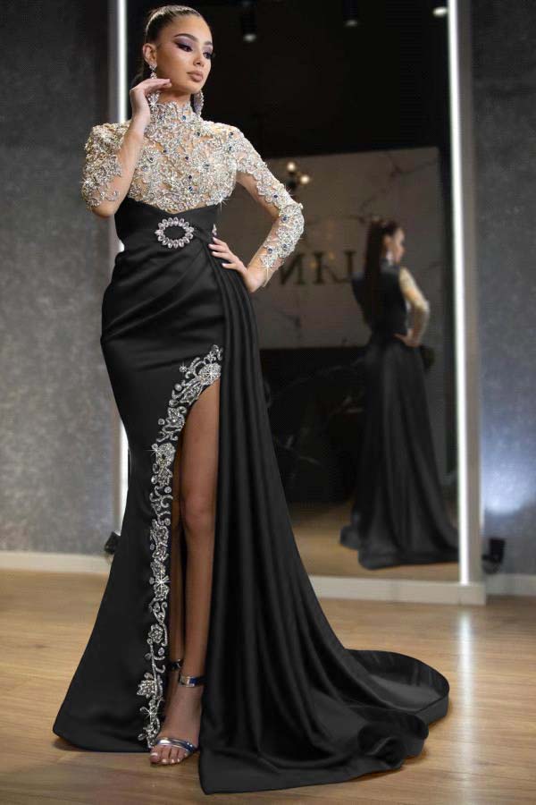 Showprettydess Royal Blue Long Sleeves Split Beaded Mermaid Prom Dress with Ruffles-showprettydress