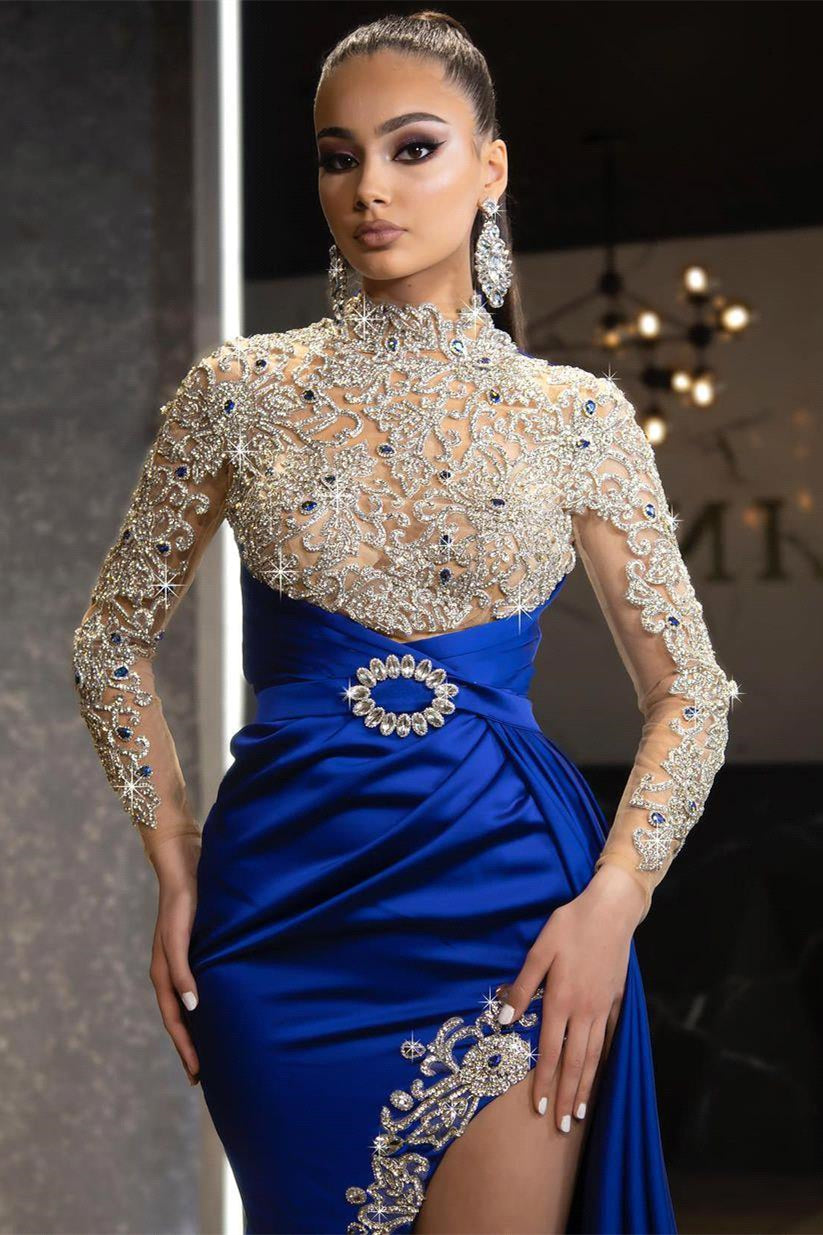 Showprettydess Royal Blue Long Sleeves Split Beaded Mermaid Prom Dress with Ruffles-showprettydress