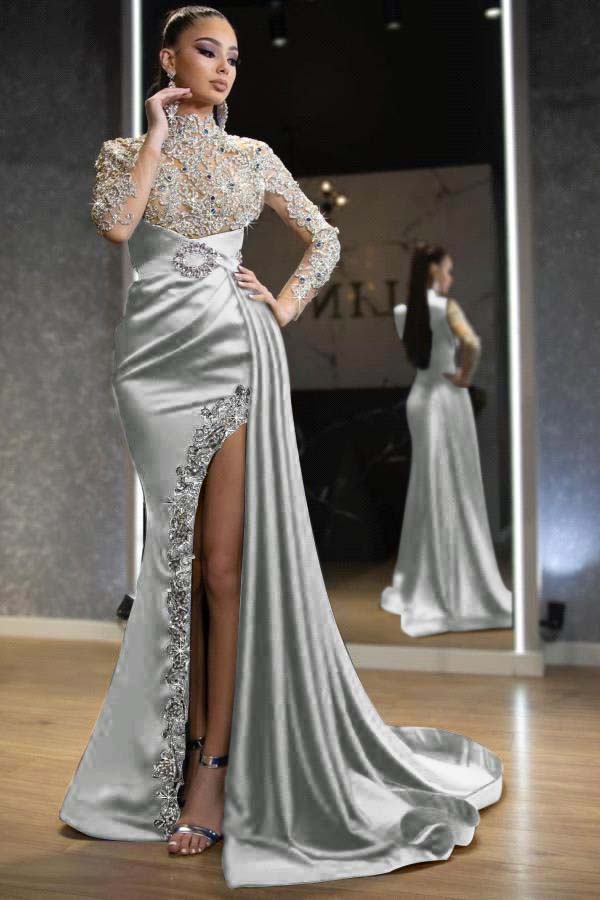 Showprettydess Royal Blue Long Sleeves Split Beaded Mermaid Prom Dress with Ruffles-showprettydress