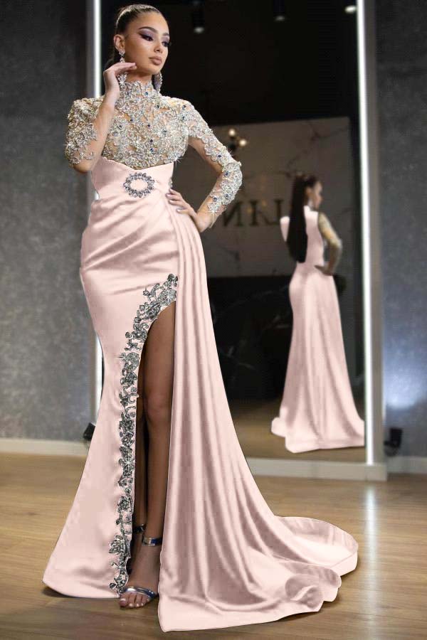 Showprettydess Royal Blue Long Sleeves Split Beaded Mermaid Prom Dress with Ruffles-showprettydress