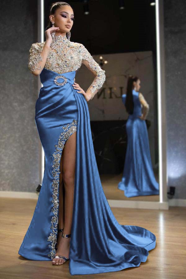 Showprettydess Royal Blue Long Sleeves Split Beaded Mermaid Prom Dress with Ruffles-showprettydress