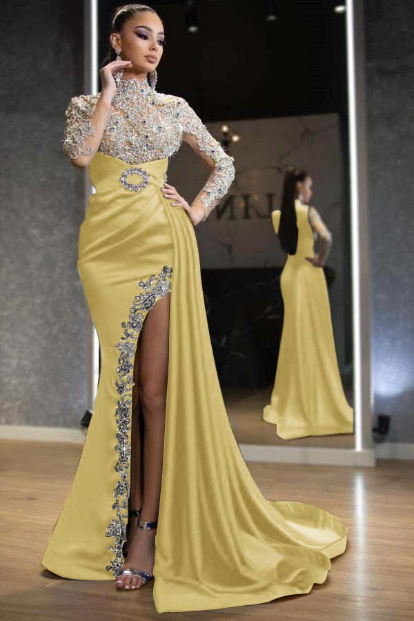 Showprettydess Royal Blue Long Sleeves Split Beaded Mermaid Prom Dress with Ruffles-showprettydress