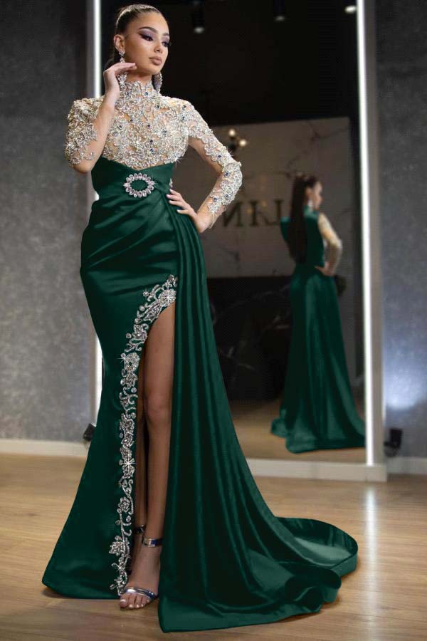 Showprettydess Royal Blue Long Sleeves Split Beaded Mermaid Prom Dress with Ruffles-showprettydress