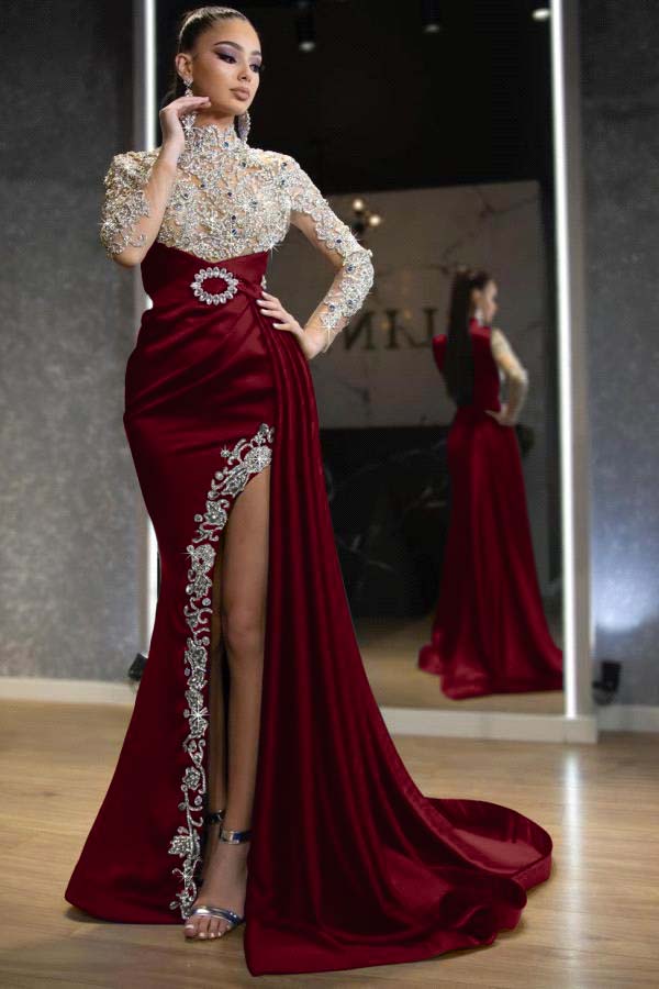Showprettydess Royal Blue Long Sleeves Split Beaded Mermaid Prom Dress with Ruffles-showprettydress