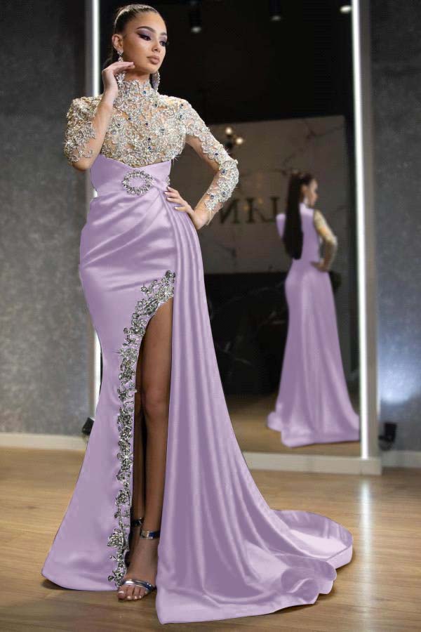 Showprettydess Royal Blue Long Sleeves Split Beaded Mermaid Prom Dress with Ruffles-showprettydress