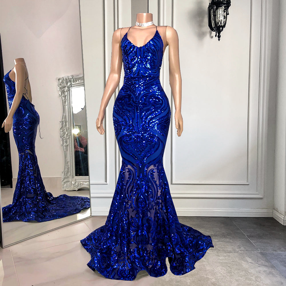 Showprettydess Royal Blue Spaghetti-Strap Mermaid Long Prom Dress with Sequins-showprettydress