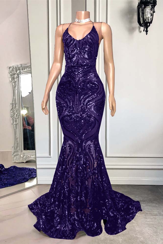 Showprettydess Royal Blue Spaghetti-Strap Mermaid Long Prom Dress with Sequins-showprettydress