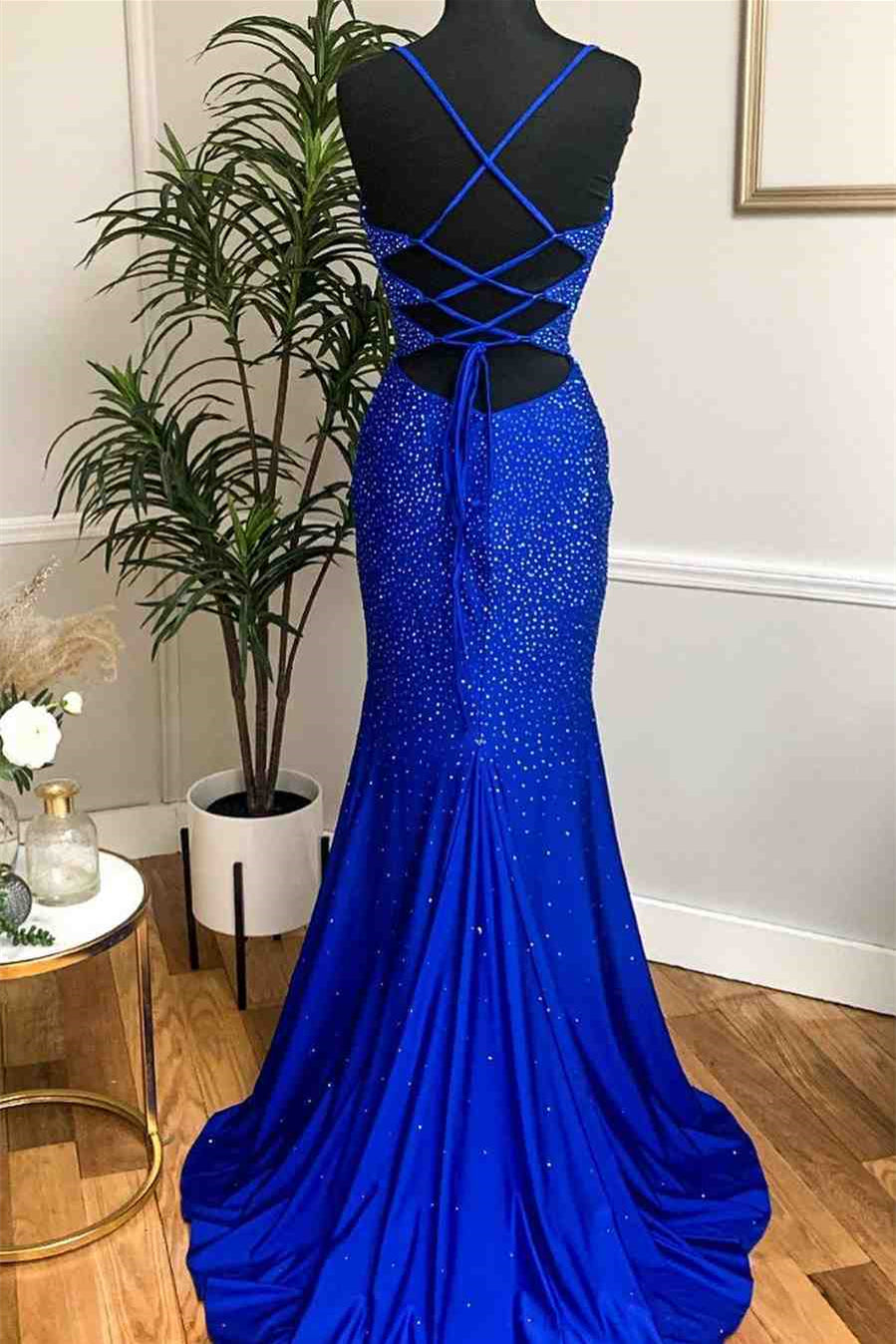 Showprettydess Royal Blue Spaghetti-Straps Mermaid Prom Dress with Appliqu¨¦s-showprettydress