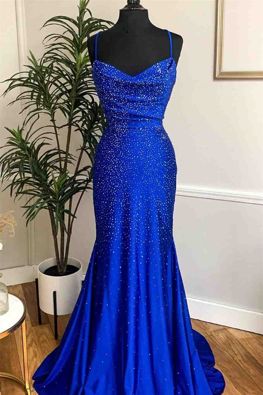 Showprettydess Royal Blue Spaghetti-Straps Mermaid Prom Dress with Appliqués-showprettydress