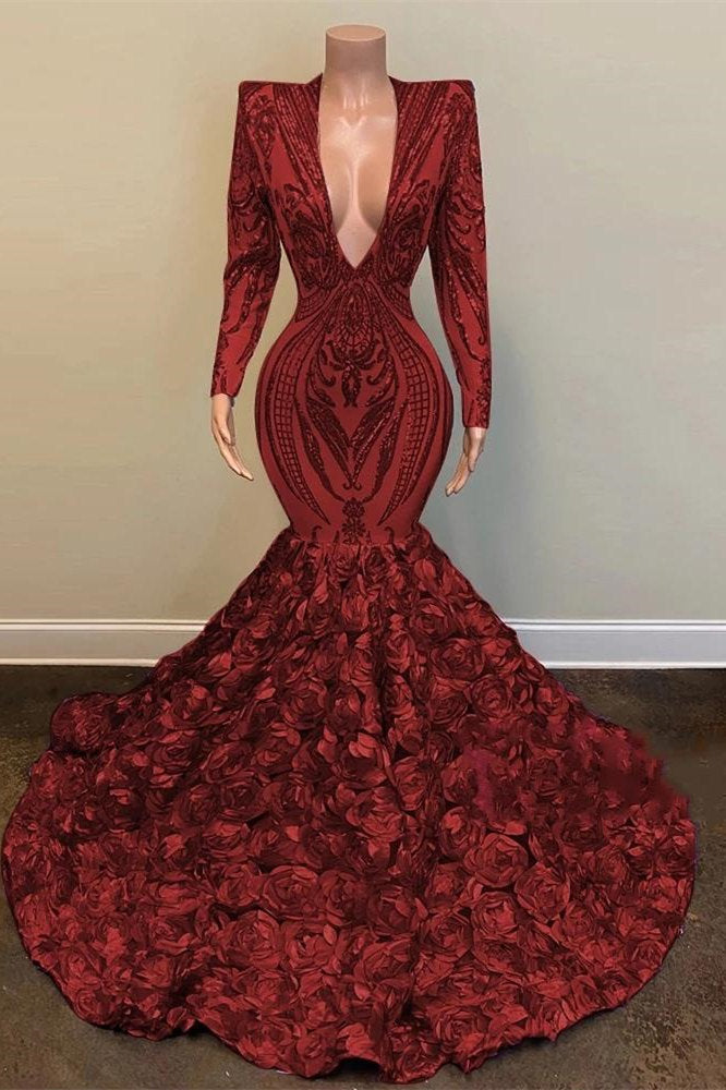 Showprettydess Sequined Lace Wine Red V-Neck Long Sleeves Prom Dress Mermaid with Flower Bottom-showprettydress