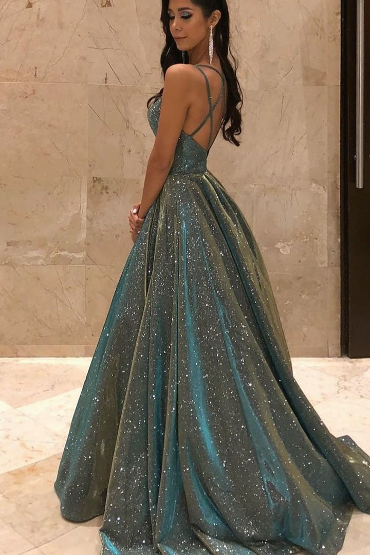 Showprettydess Shining Spaghetti-Straps V-Neck Sequined Long Sleeveless Prom Dress-showprettydress