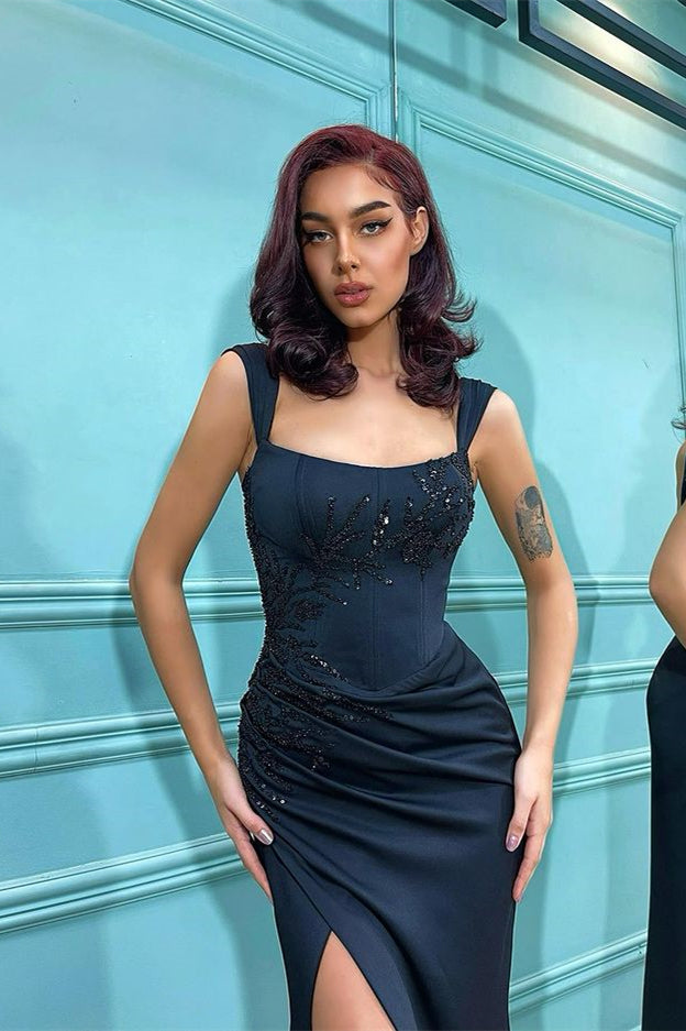 Showprettydess Shoulder Straps Front Split Black Mermaid Evening Dress with Beadings-showprettydress