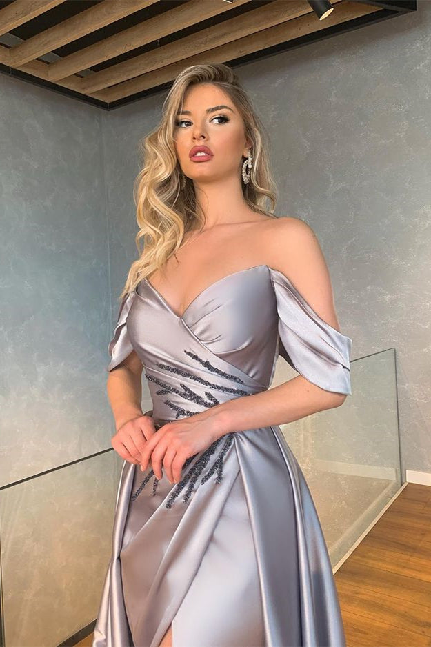 Showprettydess Silver Off-the-Shoulder Mermaid Prom Dress with Slit-showprettydress