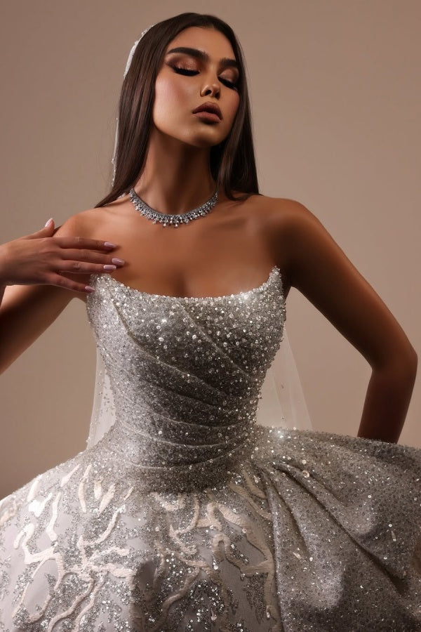 Showprettydess Silver Strapless Long Prom Dress A-Line Sleeveless with Sequins-showprettydress