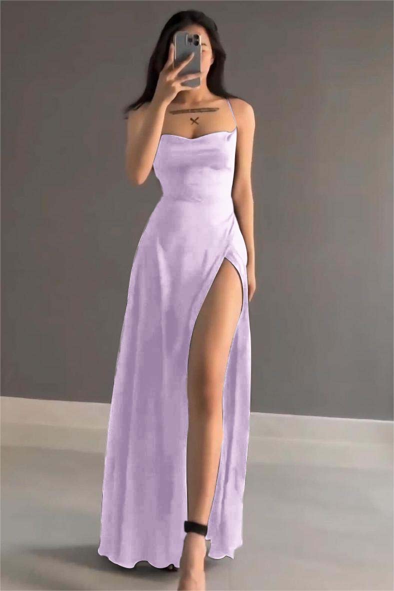 Showprettydess Simple Black Satin Spaghetti Strap Sleeveless Long Prom Dress with Split-showprettydress