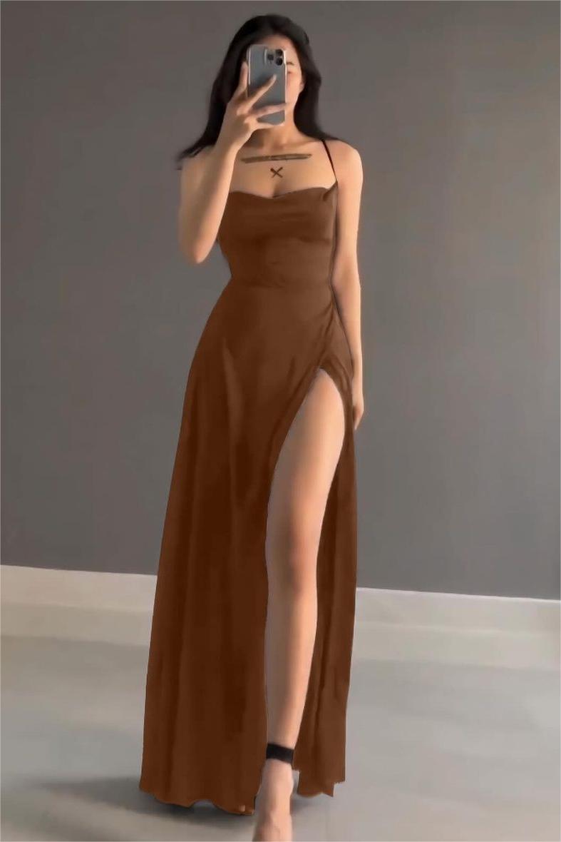 Showprettydess Simple Black Satin Spaghetti Strap Sleeveless Long Prom Dress with Split-showprettydress