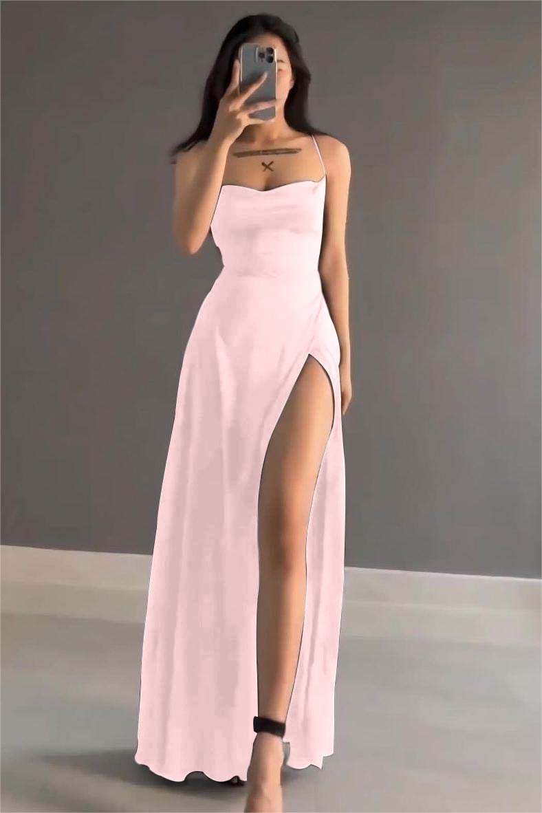 Showprettydess Simple Black Satin Spaghetti Strap Sleeveless Long Prom Dress with Split-showprettydress