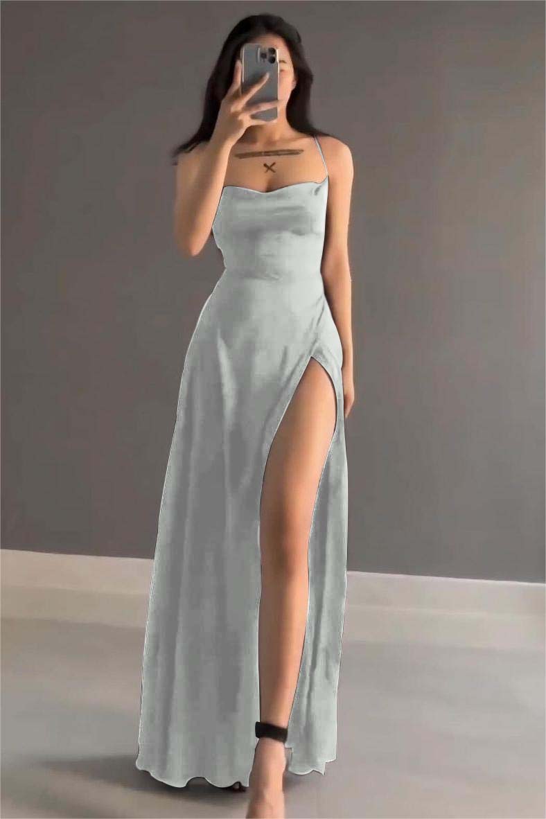 Showprettydess Simple Black Satin Spaghetti Strap Sleeveless Long Prom Dress with Split-showprettydress