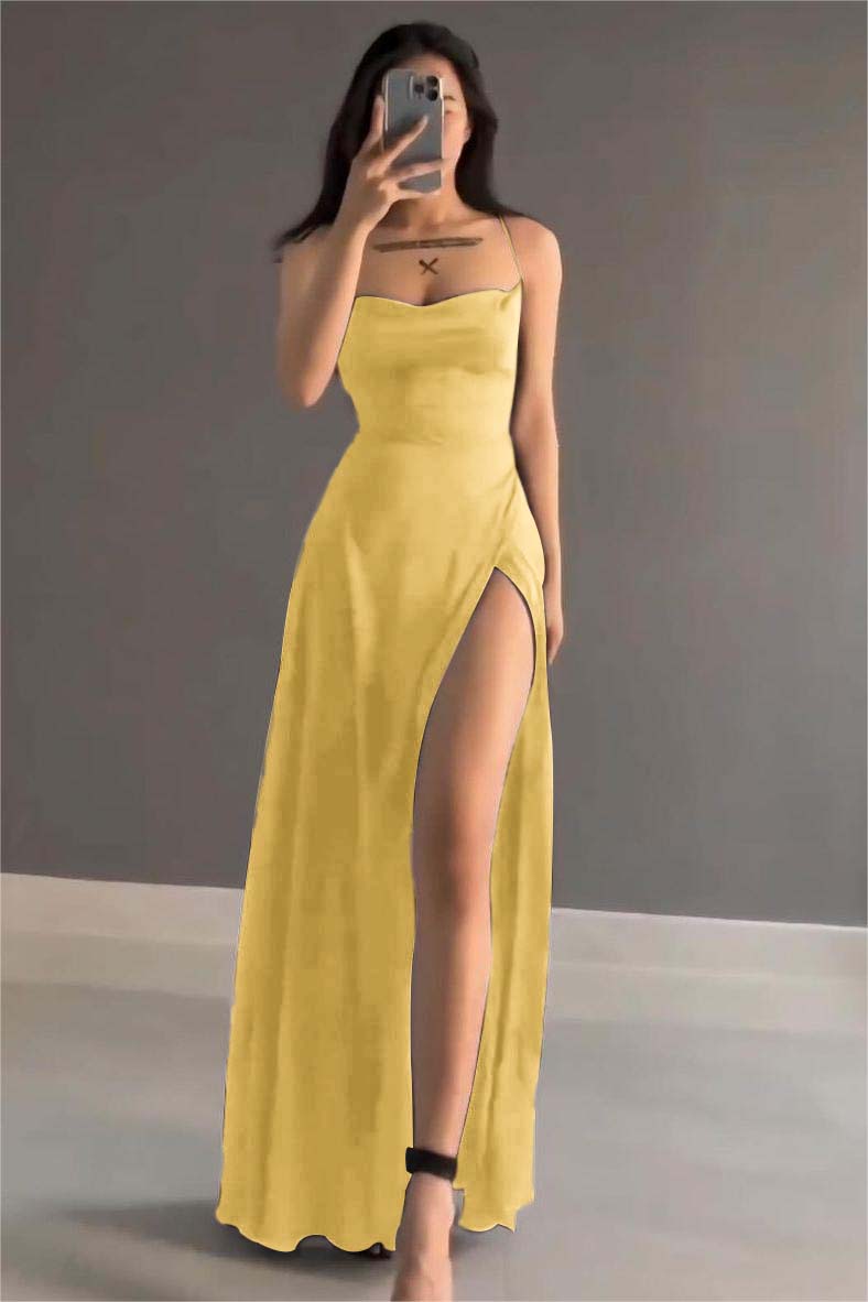 Showprettydess Simple Black Satin Spaghetti Strap Sleeveless Long Prom Dress with Split-showprettydress