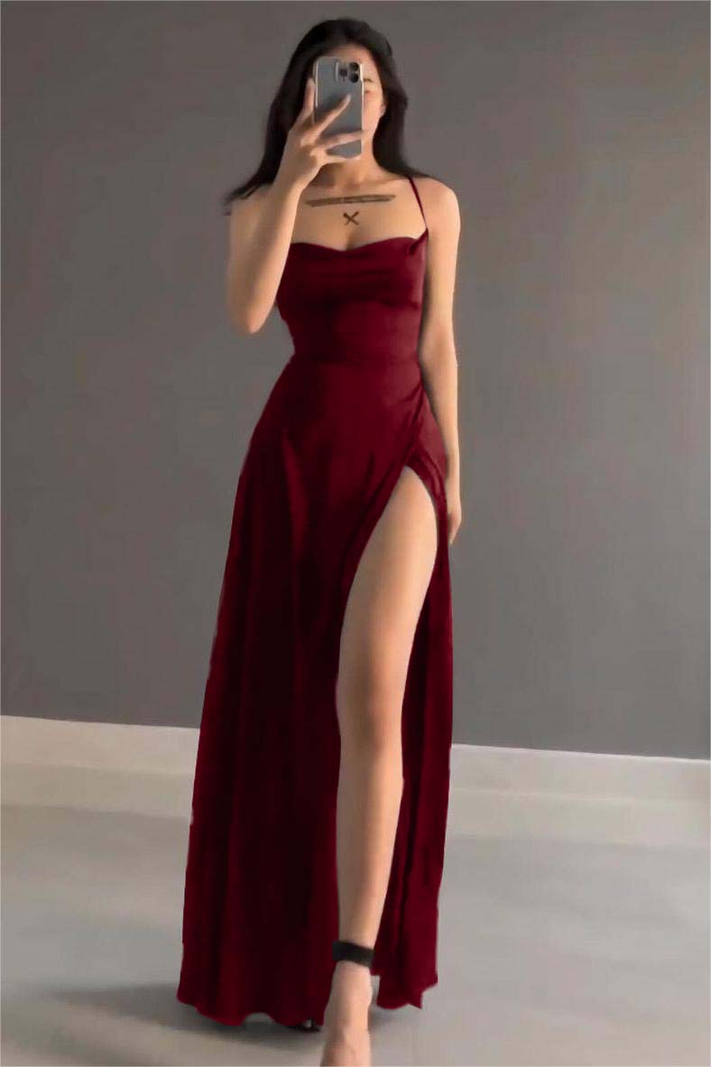 Showprettydess Simple Black Satin Spaghetti Strap Sleeveless Long Prom Dress with Split-showprettydress