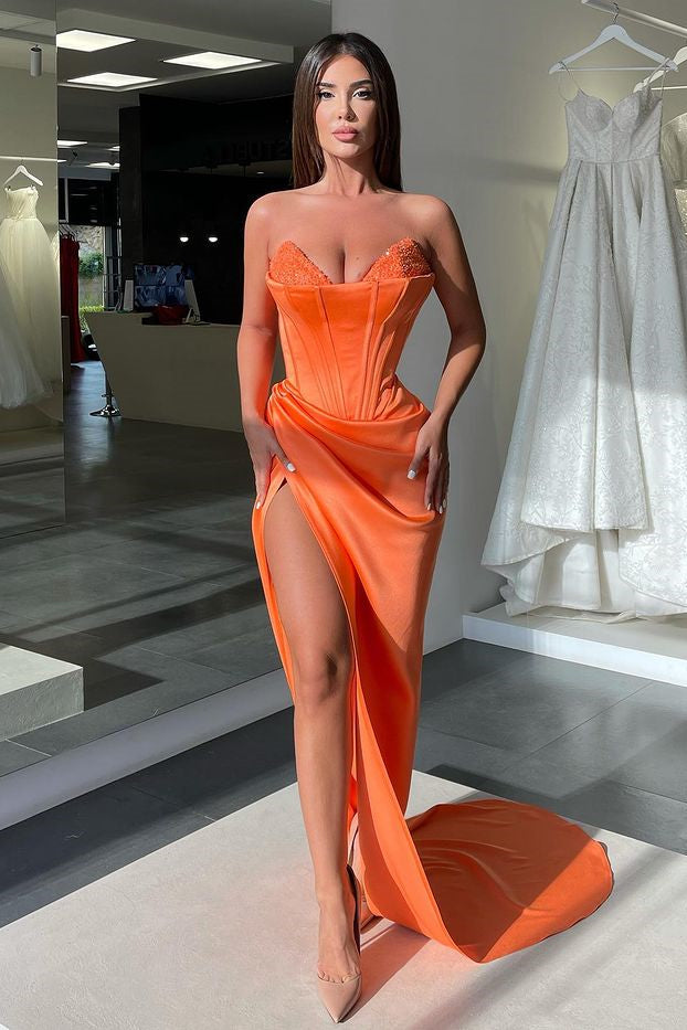 Showprettydess Sleeveless Orange Beaded V-Neck Mermaid Prom Dress with Split-showprettydress