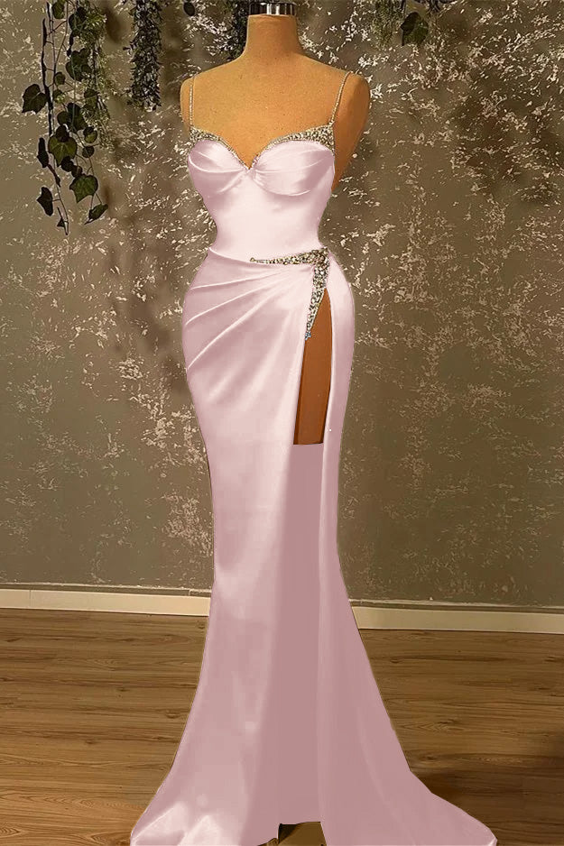 Showprettydess Spaghetti-Straps Beaded Burgundy Mermaid Prom Dress with Split-showprettydress