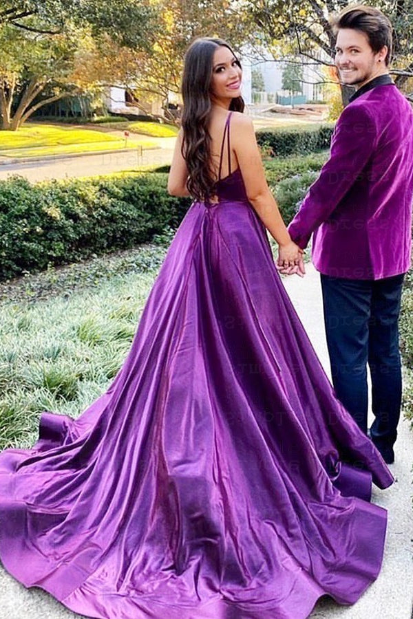 Showprettydess Spaghetti-Straps Purple V-Neck Prom Dress-showprettydress